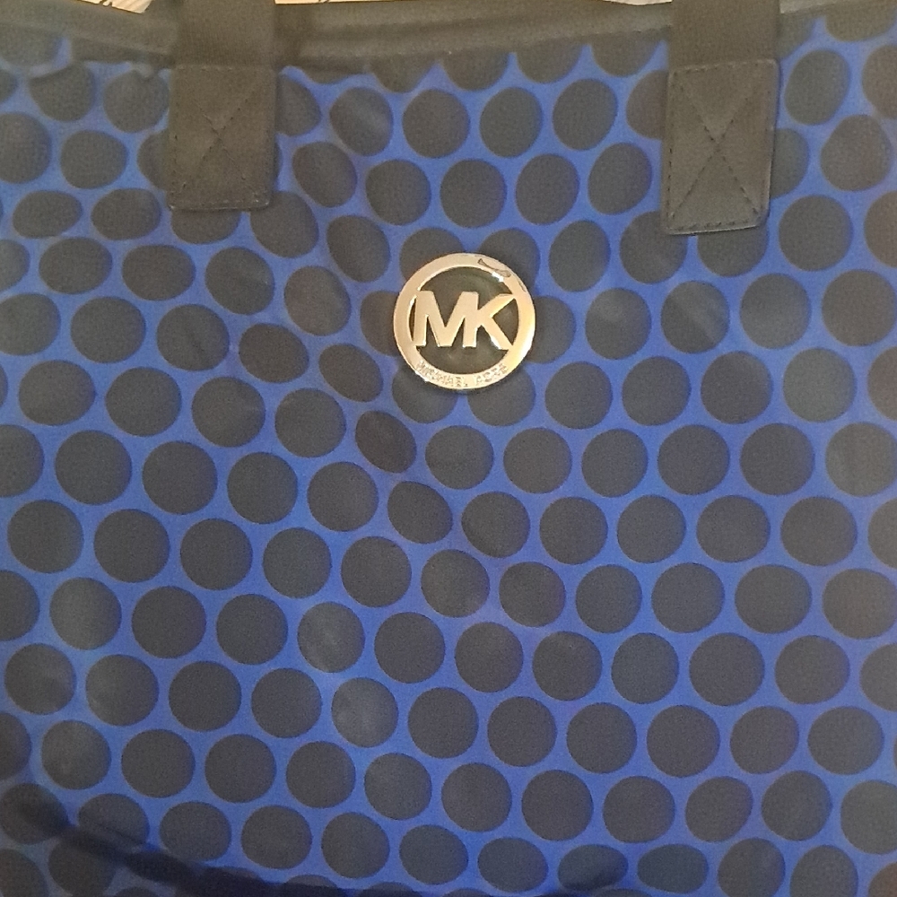 Michael Kors Blue and Black Polka Dot Tote with Gold MK Charm